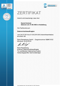 Zertifikat zur Fachkunde zum Datenschutzbeauftragten